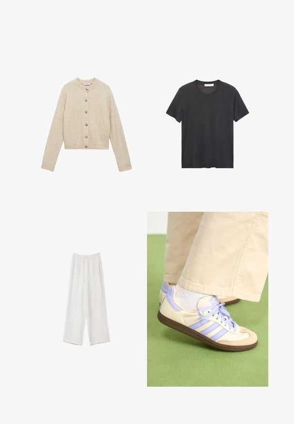 Beżowy sweter z dzianiny z okrągłym dekoltem, długimi rękawami i zapięciem na guziki z przodu. Teksturowany materiał o lekko skróconym kroju.; Czarna koszulka bawełniana z okrągłym dekoltem. Krótkie rękawy, luźny krój i prosty dół bez ozdób czy wzorów.; Białe spodnie o szerokich nogawkach wykonane z lekkiego materiału. Posiadają elastyczny pas z sznurkiem i boczne kieszenie. Gładka tekstura.; Kremowe i lawendowe trampki z trzema paskami oraz teksturowaną brązową podeszwą, wyposażone w sznurówki i wyścieloną piętę. Górna część z miękkiego materiału.
