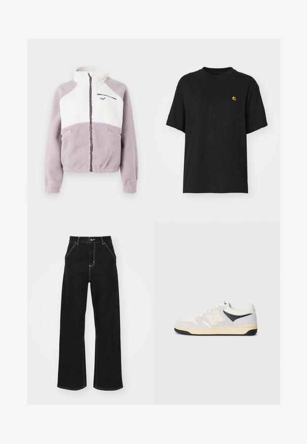 Jakna iz flisa z zadrgo po celotni dolžini, visokim ovratnikom, blokiranjem barv v sivko in belo, tremi žepki z zadrgo ter majhnim logotipom na prsnem delu na belem panelu.; Črna bombažna majica s sproščenim krojem. Ima okroglo ovratnik in kratke rokave. Vključuje majhen zlat vezen logotip na prsih.; Črne široke kavbojke iz denima, ki imajo kontrastne bele šive in sprednje gumbno zapiranje, ter dve nagnjeni sprednji žepi.; Športni copat v beli, sivi in črni barvi. Značilnosti vključujejo suede in tekstilne materiale, perforirano konico ter logotip ob strani. Guma podplat.