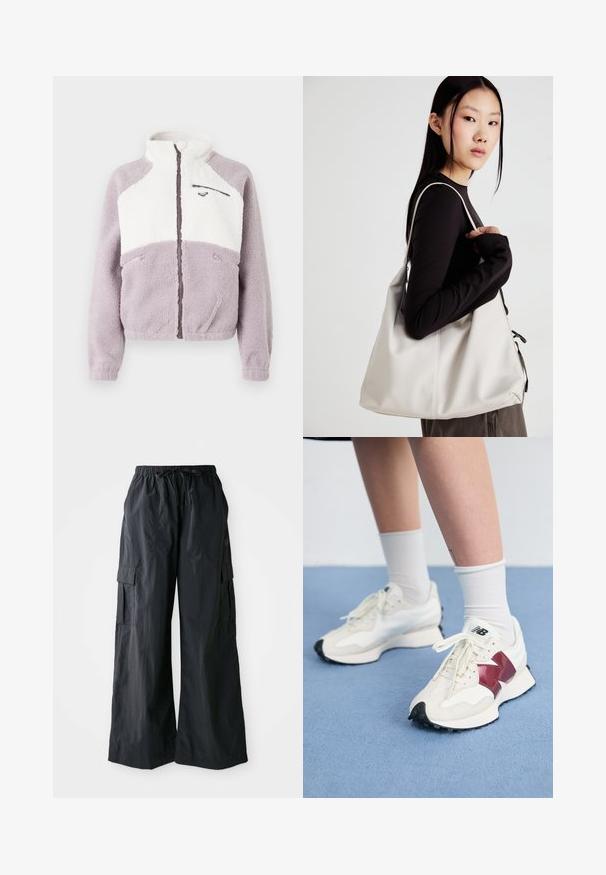 Fleecová bunda na celý zip s vysokým límcem, v barvách levandule a bílé s barevnými bloky, třemi kapsami na zip a malým logem na bílém panelu na hrudi.; Souprava dvou dlouhých rukávů v bílé a černé barvě. Hladká textura, kulatý výstřih, upnutý střih s mírně rozšířenými rukávy.; Černé cargo kalhoty vyrobené z lehké tkaniny, s širokým střihem, elastickým pasem a několika bočními kapsami. Jednoduché a funkční.; Pár bílých tenisek s vínovými akcenty, texturovanými panely, plochou černou podrážkou a světlými tkaničkami, nošené s bílými kotníkovými ponožkami.; Beige kabelka vyrobená z měkkého materiálu, s volným designem, prošívanými detaily a dvěma ramenními popruhy. Vhodná pro každodenní použití.