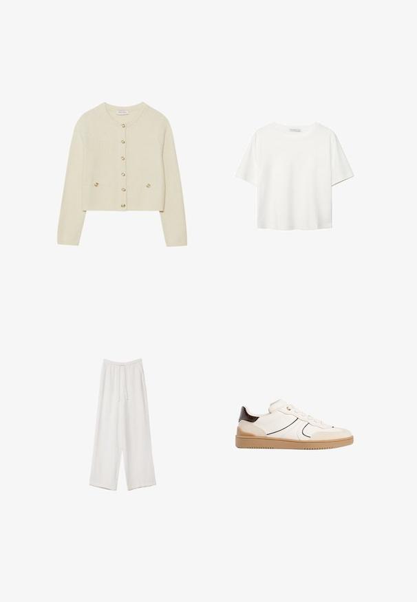 Palačinkasto pletivo u krem boji s okruglim izrezom, zlatnim gumbima i dva prednja džepa. Struktura s dugim rukavima.; Bijela majica kratkih rukava od pamuka. Ima okrugli izrez i opušteni kroj. Glatka tekstura bez vidljivih uzoraka ili naglasaka.; Bijele hlače širokih nogavica napravljene od lagane tkanine. Imaju elastičan pojas s ušicom i bočne džepove. Glatka tekstura.; Stradivarius Tenisice - white