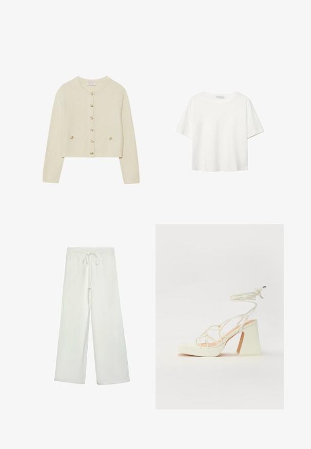Krémový pletený kardigan s kulatým výstřihem, zlatými knoflíky a dvěma předními kapsami. Strukturovaný střih s dlouhými rukávy.; Bílý krátký rukáv tričko vyrobené z bavlny. Má kulatý výstřih a volný střih. Hladký materiál bez viditelných vzorů nebo akcentů.; Bílé kalhoty s širokými nohavicemi vyrobené z měkké tkaniny. Mají elastický pas se stahovací šňůrkou a hladkou strukturu. Žádné viditelné vzory ani kovové prvky.; Bílé sandály na vysokém podpatku s robustním podpatkem, s designem s pásky a zavazováním kolem kotníku. Hladký povrch s platformou vpředu pro zvýšení výšky.