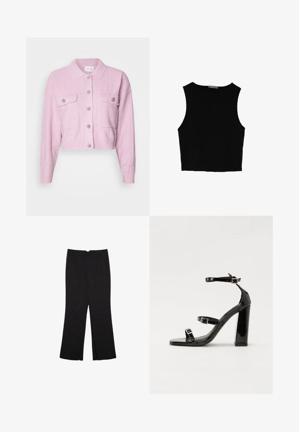 Růžový kratší kardigan s límečkem, texturovaným vzorem a stříbrnými knoflíkovými akcenty. Obsahuje dvě přední kapsy s klopou.; Černý bezsleeve crop top vyrobený z hladké tkaniny, s kulatým výstřihem a čistým, jednoduchým designem bez vzorů nebo kovových doplňků.; Černé kalhoty s rovným střihem, s předními kapsami a bočními rozparky na lemu. Vyrobené z jemné, hladké tkaniny. Vhodné na různé příležitosti.; Černé lakované sandály na podpatku se čtveratou špičkou, lýtkovými pásky a stříbrnými přezkami. Disponují masivním blokovým podpatkem pro stabilitu.