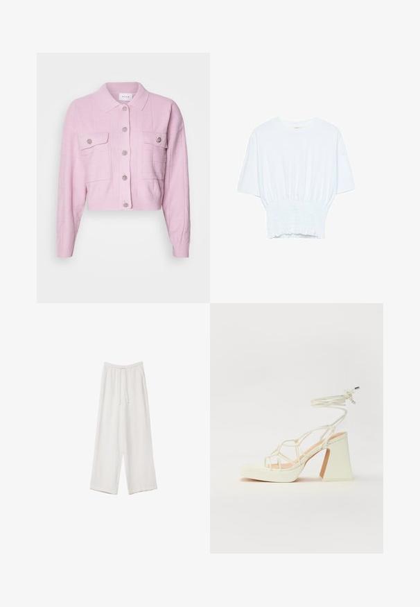 Ružový skrátený kardigán s golierom, textúrovaným vzorom a striebornými gombíkovými akcentmi. Má dve predné vrecká s klopou.; Biela krátka T-shirt s voľným strihom a zlaceným textúrou v oblasti pása. Vyrobená z mäkkého, ľahkého materiálu.; Biele široké nohavice vyrobené z ľahkej tkaniny. Obsahujú elastický pás so sťahovacou šnúrkou a bočné vrecká. Hladká textúra.; Biele sandále na vysokom opätku s hrubým podpätkom, s pruhovaným dizajnom a viazaním na členku. Hladký povrch s platformou vpredu pre zvýšenú výšku.