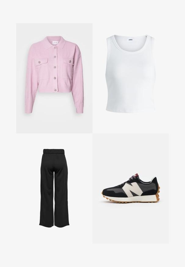 Gilet court rose avec un col, motif texturé et accents de boutons en argent. Comprend deux poches avant avec fermeture à rabat.; Débardeur blanc côtelé avec un col rond, sans manches et d'une longueur cropped. L'étiquette indique "JJXX". Texture du tissu lisse.; Pantalons noirs à jambes larges avec une taille élastique, fabriqués à partir d'un tissu lisse. Présente un design épuré sans poches ni détails de couture visibles.; Baskets en suede noir et gris avec un grand logo "N" couleur crème, lacets violets et semelle extérieure en caoutchouc gomme texturé.