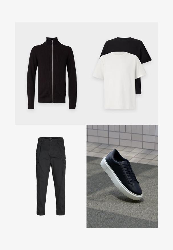 Fekete, bordázott pulóver magas gallérral és teljes cipzárral. Hosszú ujjak és testhezálló szabás jellemzi. Texturált kötött anyagból készült.; Pamut póló szett, amely egy fekete és egy fehér pólót tartalmaz, mindkettő rövid ujjú, környakú és normál fazonú. Texturált anyag.; Fekete cargo nadrág, amely tartós anyagból készült, több zsebet tartalmaz, gombos záródással rendelkezik, és karcsú szabású, szűkített lábakkal bír.; Fekete bőr sportcipő lekerekített orral és fehér gumitalppal. Lapos fűzőkkel és minimális varrásokkal rendelkezik a felsőrészén. Mintás talp a tapadásért.