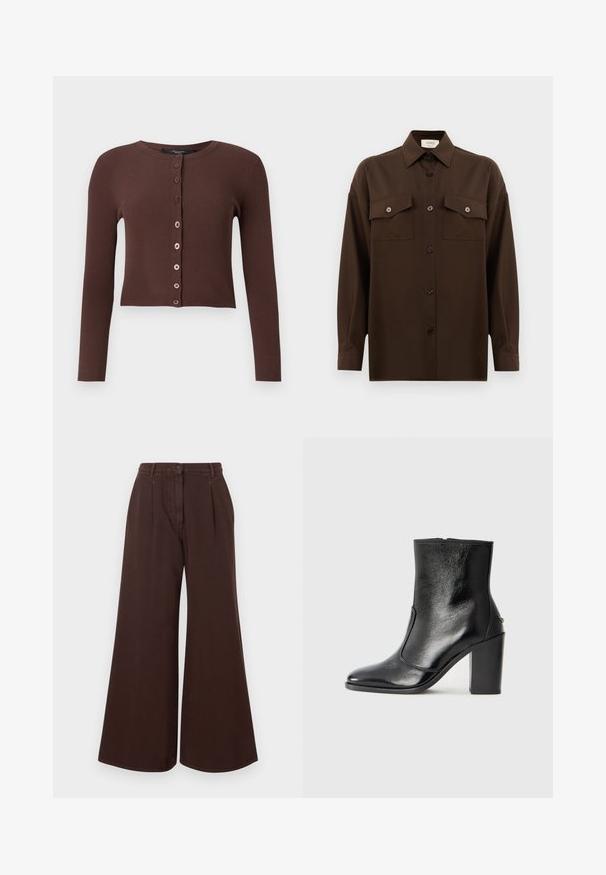Ruskea ribattu neuletakki, jossa on pyöreä pääntie, pitkät hihat ja lyhyt helma. Etupuolella on kuusi pyöreää nappia.; Tumma ruskea pitkähihainen napitettava paita, jossa on kaksi läpällistä rintataskua ja klassinen kaulus, esiteltynä yksinkertaista valkoista taustaa vasten.; Korkeavyötäröiset, leveälahkeiset ruskeat housut, joissa on nappi- ja vetoketjukiinnitys, vyölenkit ja etupuolen laskostus.; Mustat nahka ankle bootit, joissa on sileä pinta, terävä kärki ja paksu korkea korko. Sivusaumassa on avaus ja muuten yksinkertainen muotoilu.