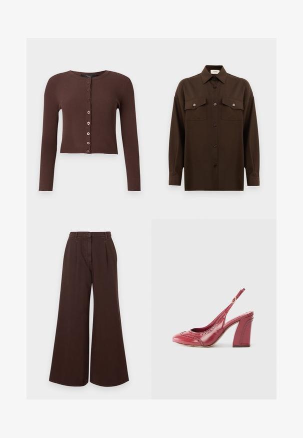 Hnedý rebrovaný cardigan s okrúhlym výstrihom, dlhými rukávmi a skráteným spodným okrajom. Obsahuje šesť okrúhlych gombíkov pozdĺž prednej strany.; Tmavohnedá košeľa s dlhým rukávom, na gombíky, s dvoma vreckami na hrudi a klasickým golierom, umiestnená na jednoduchom bielom pozadí.; Hnedé nohavice so širokými nohavicami a vysokým pásom, so zapínaním na gombík a zips, pútkami na opasok a prednými skladmi.; Červené lakované slingback podpätky s dekoratívnymi perforáciami, zaoblenou špičkou a robustným podpätkom pre stabilitu.
