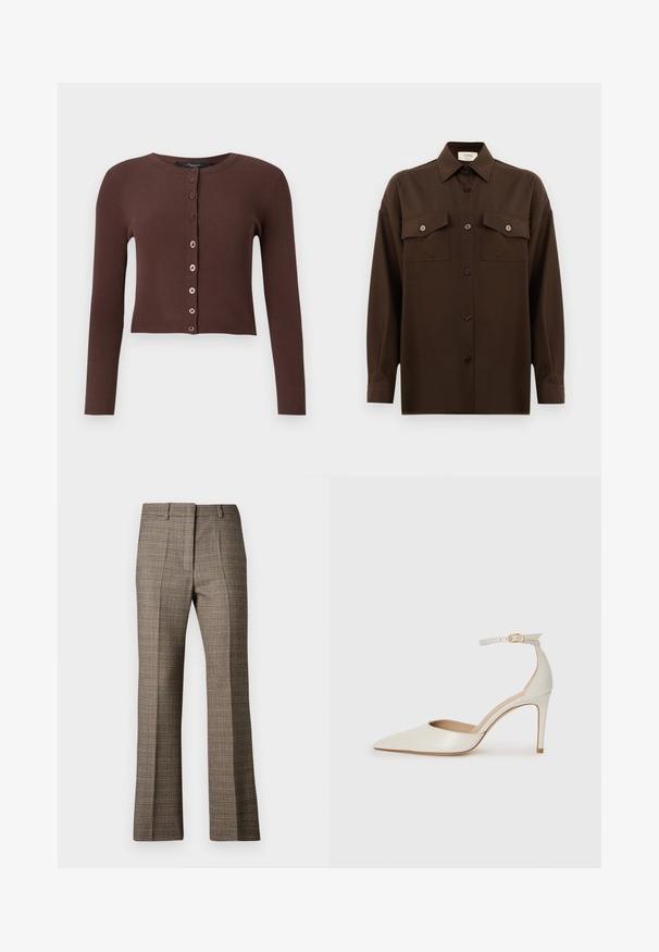 Smeđi rebrasti kardigan s okruglim izrezom, dugim rukavima i kratkim rubom. Ima šest okruglih dugmadi sprijeda.; Tamno smeđa dugosleeve košulja s dugim rukavima i dugmadi, s dva džepa s preklopom na prsima i klasičnim ovratnikom, prikazana na jednostavnoj bijeloj pozadini.; Smeđa karirana hlače s ravnim krojem, izrađene od teksturirane tkanine s suptilnim nijansama bež i tamnije smeđe boje u cijelom uzorku.; Bijela kožna visoko potpetica s oštrim vrhom, remenom oko članaka i tankom stiletto potpeticom. Glatka tekstura s blagim sjajnim završetkom.