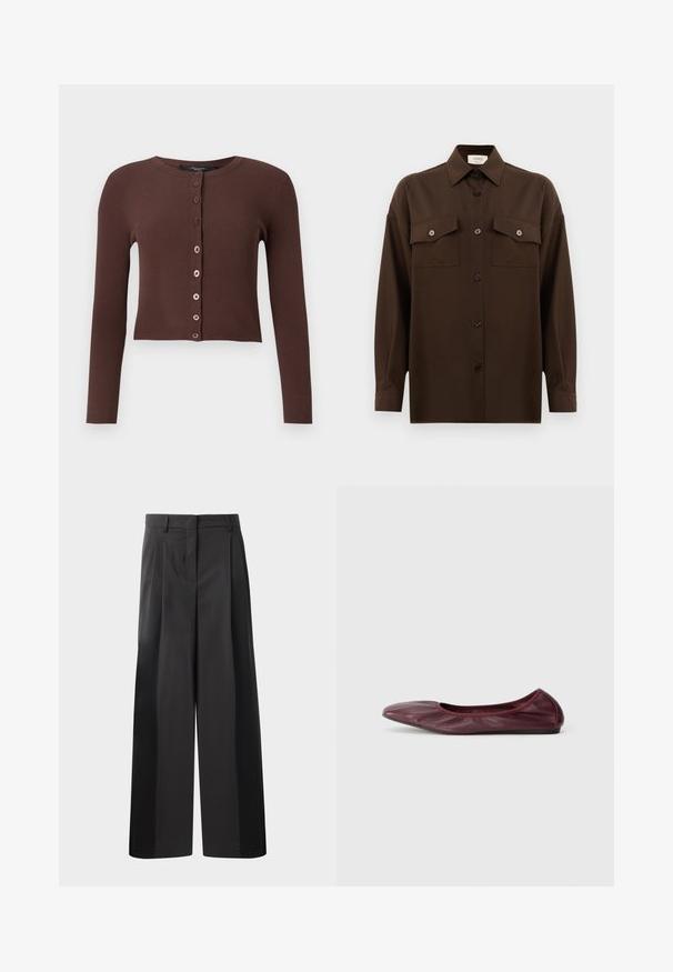 Bruine geribde cardigan met een ronde halslijn, lange mouwen en een cropped zoom. Kenmerkt zich door zes ronde knopen aan de voorkant.; Donkerbruin langarm overhemd met knopen, voorzien van twee zakken met klep op de borst en een klassieke kraag, weergegeven tegen een effen witte achtergrond.; Zwarte wijde broek met hoge taille, met voorplooien, een gladde textuur en een nette afwerking. Ontworpen voor een ontspannen pasvorm.; Ballet flats in diep bordeauxleer, met een rond neuspunt, elastische rand en een gladde textuur met subtiele plooidetails.