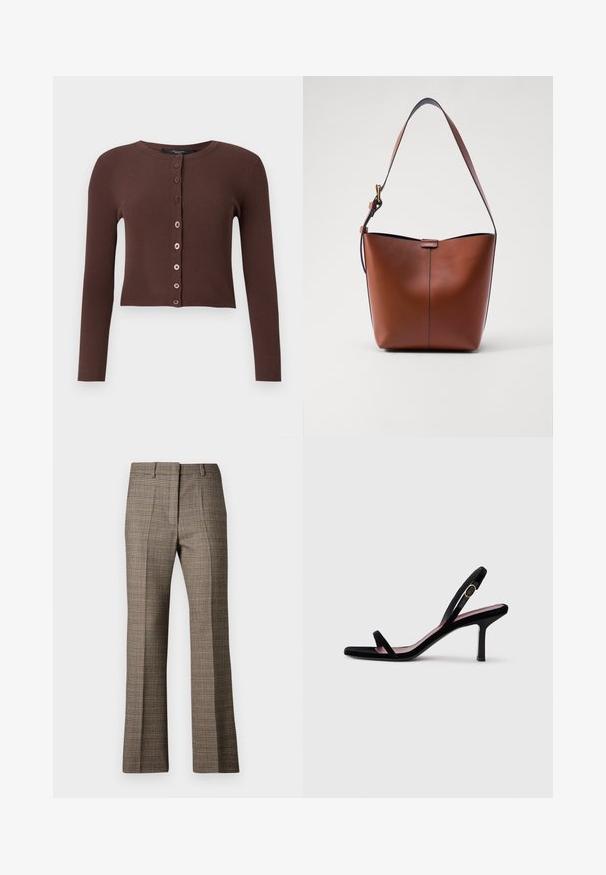 Brown ribbed cardigan with a round neckline, long sleeves, and a cropped hem. Features six round buttons down the front.; White ribbed short-sleeve top with a wide neckline. The texture features vertical stripes, emphasizing a snug fit and simple design.; Brown plaid trousers with a straight leg cut, featuring a textured fabric and subtle colors of beige and darker browns throughout the pattern.; Black suede women's high-heeled sandal with slim straps and a gold buckle on a white background, side view.; Brown leather shoulder bag with a curved shape, smooth texture, and a single thin strap. Features a subtle seam and a small logo detail.