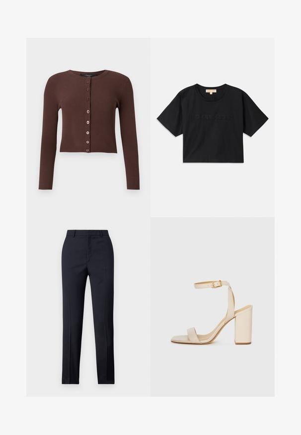 Brun ribbet cardigan med rund hals, lange ermer og cropped hem. Har seks runde knapper foran.; Svart cropped t-skjorte laget av bomull. Har rund hals og korte ermer. "MICHAEL KORS" brodert i matchende farge foran.; Marinefargede skreddersydde bukser med rett snitt, med en glatt tekstur, to frontlommer og en ren linning.; Beige høyhælte sandaler med firkantet tå, tynn ankelrem og blokk hæl. Glatt skinntekstur med gullspenne detaljer.
