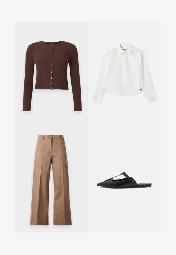Brown ribbed cardigan with a round neckline, long sleeves, and a cropped hem. Features six round buttons down the front.; White cropped long-sleeve shirt made of cotton. Features a button-up front, a chest pocket, and a small black logo on the bottom left.; Brown wide-leg trousers made from a smooth fabric, featuring a front button closure, two front pockets, and clean, tailored lines.; Black leather slingback shoe with a pointed toe, featuring a woven accent and pleated upper design. Flat sole with minimal hardware.