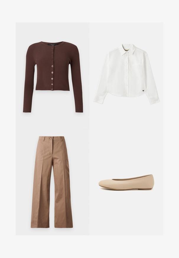 Brūns ribots kardigāns ar apaļu izgriezumu, garām piedurknēm un īsu apakšu. Priekšpusē ir sešiapaļi pogas.; Balta, īsa garuma piedurkņu krekls, kas izgatavots no kokvilnas. Tam ir pogājama priekšpuse, krūšu kabata un mazs melns logo apakšējā kreisajā stūrī.; Brūni platajās kājas bikses, izgatavotas no gludas auduma, ar priekšējo pogu aizdari, divām priekšējām kabatām un tīrām, pielāgotām līnijām.; Bežs ādas deju zābaciņš ar noapaļu purngalu, minimālu šuvju detaļām, zemu papēdi un diskrētu logotipu aizmugurē. Gluda, matēta tekstūra.