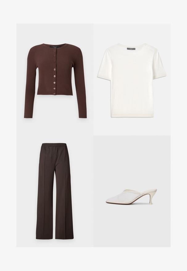 Brown ribbed cardigan with a round neckline, long sleeves, and a cropped hem. Features six round buttons down the front.; White short-sleeve knit top with a round neckline, featuring a smooth texture and subtle ribbed accents at sleeves and hem.; Wide-leg trousers in dark brown fabric with an elastic waistband, featuring a smooth texture and clean lines for a tailored look.; White mesh pointed-toe mule with a slim mid-height heel and slip-on design against a plain background.