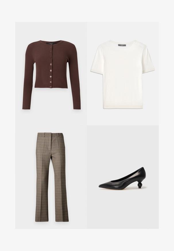 Brown ribbed cardigan with a round neckline, long sleeves, and a cropped hem. Features six round buttons down the front.; White short-sleeve knit top with a round neckline, featuring a smooth texture and subtle ribbed accents at sleeves and hem.; Brown plaid trousers with a straight leg cut, featuring a textured fabric and subtle colors of beige and darker browns throughout the pattern.; Black leather high heel shoe with a pointed toe and a round, balled heel. Smooth texture with a sleek, minimal design.