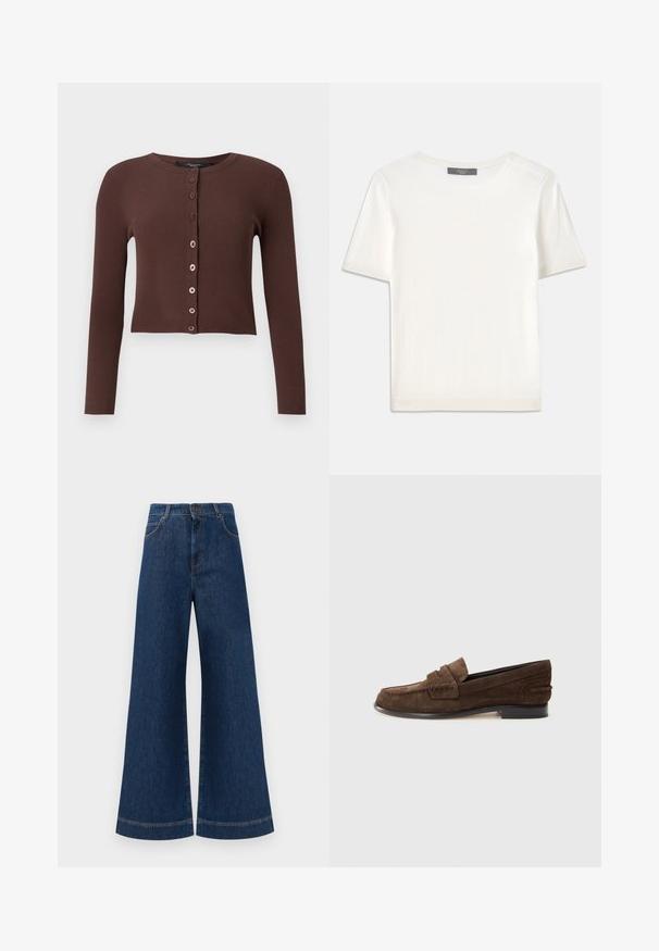 Barna bordás kardigán kerek nyakkivágással, hosszú ujjakkal és rövidített szegéllyel. Hat kerek gomb díszíti az elejét.; Fehér, rövid ujjú kötött felső, kerek nyakkivágással, sima textúrával és diszkrét bordázott részletekkel az ujjain és az alján.; Magas derekú, széles lábú kék farmernadrág, gombos záródással, övhurkokkal és diszkrét varrási részletekkel a zsebeknél és a szegélyeknél.; Barna velúr loaferek alacsony sarokkal, díszített orr-résszel és sima belső béléssel. Az oldalsó díszítések textúrát adnak.