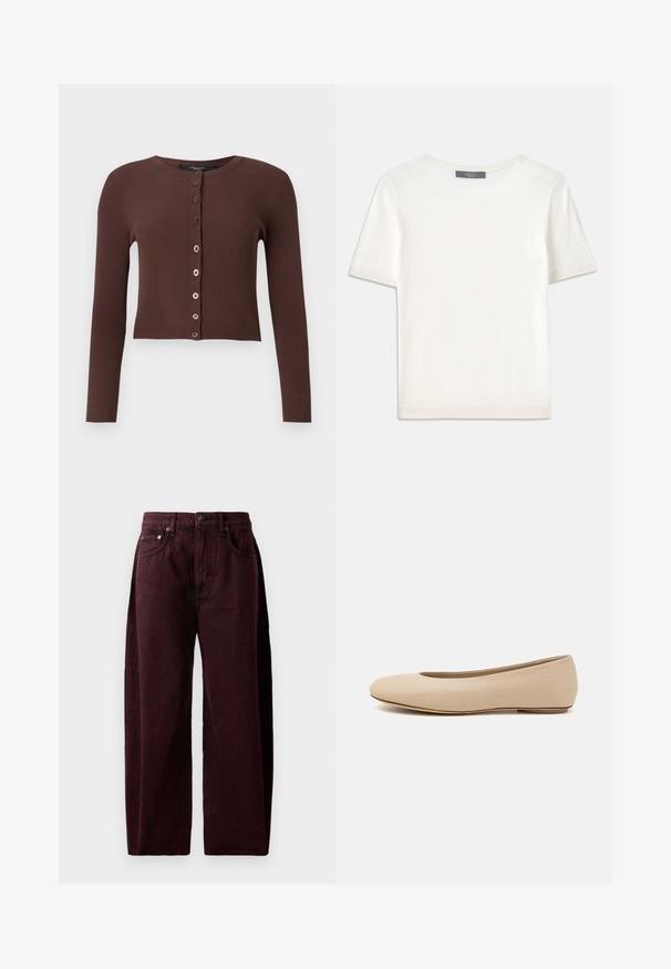 Cardigan marron à côtes avec un col rond, des manches longues et une coupe courte. Équipé de six boutons ronds sur le devant.; Haut tricot blanc à manches courtes avec un col rond, présentant une texture lisse et des accents côtelés subtils aux manches et à l'ourlet.; Jean large bordeaux en denim de coton, avec une taille haute, des poches avant et des surpiqûres visibles. Design classique à cinq poches.; Ballerines en cuir beige avec un bout arrondi, un minimum de coutures, un petit talon et un logo subtil à l'arrière. Texture lisse et mate.