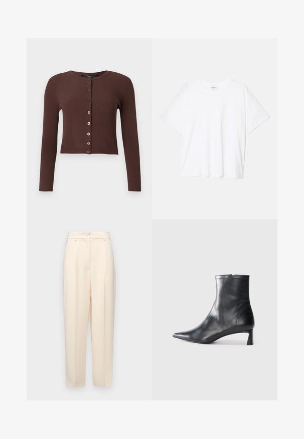 Pruun ribalik kardigan ümmarguse kaelusega, pikkade varrukatega ja lühikese hemiga. Ees on kuus ümmargust nööpi.; Valge puuvillane T-särk lühikeste varrukatega, ümmargune kaelus, mugav lõige ja õmmeldud serv. Silt nähtav kaela seest.; Beežid kohandatud püksid otse lõikega, ees volditud, siledast tekstuurist ja keskmise kõrgusega vöökoht. Nähtavaid taskuid ei ole.; Mustad mustall nahkasaabas terava nina ja stiilse disainiga. Omab madalat konts ja luku sulgemist taga. Sile tekstuur.