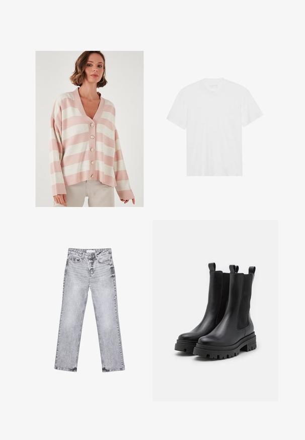 LELA Kofta - powder stone; Vit bomull t-shirt med kort ärm, rundad halsringning och rak nederdel. Slät textur, minimalistisk design utan mönster eller detaljer.; Grå denimjeans med rak benpassform, slitna detaljer, fem fickor och kopparnitar. Midjan har en logotagg.; Svarta läderankelstövlar med elastiska sidopaneler och dragflikar. Kraftiga gummisulor med djupa mönster för ökad grepp.