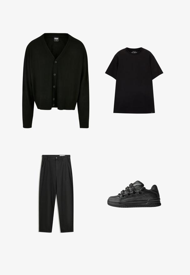 Crni kardigan od mekog materijala, s V-izrezom, dugmadi za zatvaranje i rebrastim manžetama i rubom za ležeran fit.; PULL&BEAR JOIN LIFE - Osnovna majica kratkih rukava - black; Crne pamučne hlače s opuštenim krojem, s klasičnim pojasom, prednjim nabranjima i bočnim džepovima. Glatka tekstura bez uzoraka.; Crne tenisice s glatkom kožnom gornjom površinom, teksturiranim detaljima i okruglim crnim i bijelim vezicama. Debeli gumeni potplat s uzorkom.