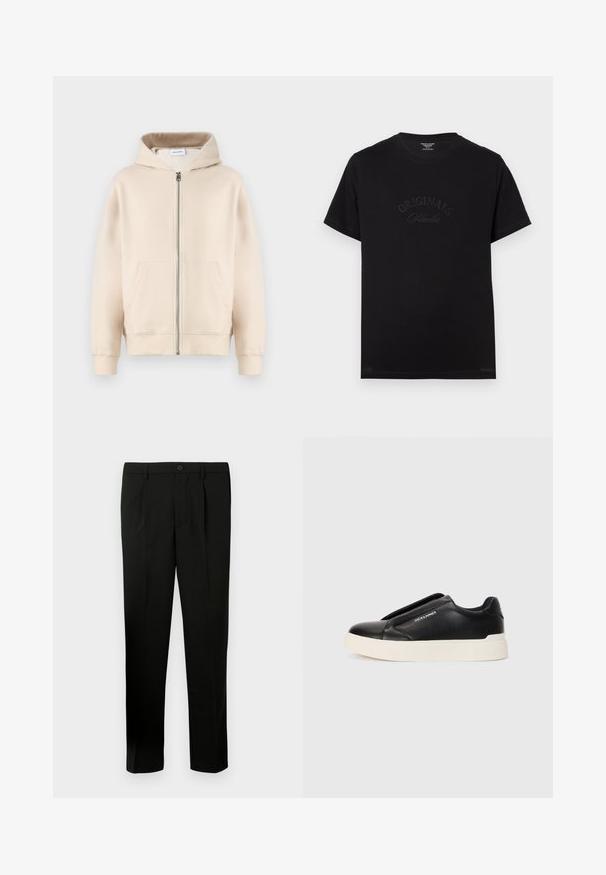 Sweat-shirt à capuche beige avec une fermeture éclair complète, deux poches avant, des poignets et un ourlet côtelés. Fabriqué en tissu doux et confortable.; T-shirt en coton noir à manches courtes et col rond. Présente "ORIGINALS Studio" embossé en lettres tonales sur le devant.; Pantalon noir ajusté avec un devant plat, deux plis, une fermeture à bouton, des poches latérales et une coupe droite. Fabriqué à partir d'un tissu lisse.; Baskets noires à enfiler avec un dessus en cuir texturé, semelle en caoutchouc blanche et sans lacets visibles. Présente le logo de la marque sur le côté.