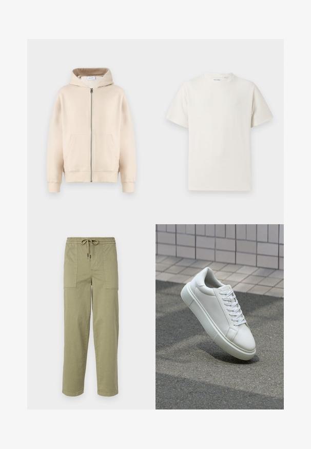 Beige mikina s kapucí, která má plný zip, dvě přední kapsy, žebrované manžety a lem. Vyrobeno z měkké a pohodlné tkaniny.; Bílý krátký rukáv tričko s pružnou strukturou. Kulatý výstřih, volný střih, bez viditelných vzorů nebo detailů. Jednoduchý a univerzální design.; Pantalony světle olivové barvy vyrobené z bavlněné směsi, s elastickým pasem na šnůrku a dvěma velkými bočními kapsami.; Bílé kožené tenisky s hladkým povrchem, kulatou špičkou a plochými bílými tkaničkami. Disponují texturovanou gumovou podrážkou a minimálními designovými prvky.