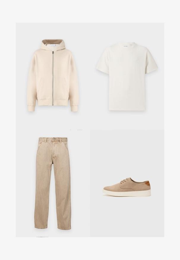 Hanorac bej cu glugă, prevăzut cu un fermoar complet, două buzunare frontale, mansete și un tiv ribiate. Fabricat dintr-un material moale și confortabil.; Tricou alb cu maneci scurte, dintr-un material ribbed. Guler rotund, croi lejer, fără modele sau accente vizibile. Design simplu și versatil.; Jeans din denim bej cu un design drept, care prezintă buzunare frontale, închidere cu buton metalic și o textură subtilă.; Tenisi din suede bej cu vârf rotund, sistem de șireturi în față și un accent texturat în spate. Talpa albă din cauciuc oferă un contrast. Design simplu și modern.