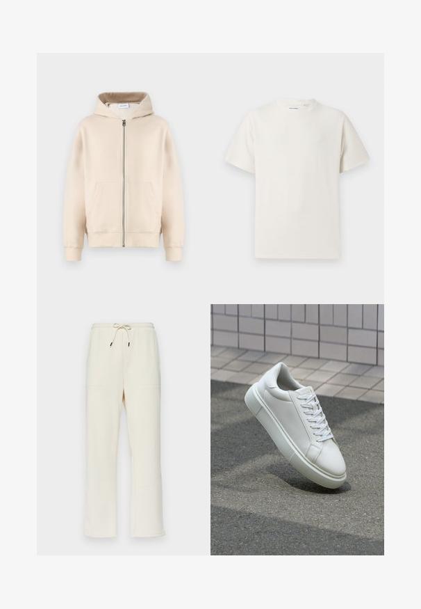 Beige hætte sweatshirt med fuld lynlås, to forlommer, ribbede manchetter og kant. Fremstillet af blødt, komfortabelt stof.; Hvid kortærmet T-shirt i ribbet tekstur. Rund halsudskæring, løs pasform, ingen synlige mønstre eller accenter. Enkel og alsidig design.; Cremefarvede ribbede sweatpants med snor i taljen, der har to sidelommer og et lige ben-design.; Hvide lædersneakers med en glat overflade, rund tå og flade hvide snørebånd. Har en tekstureret gummisål og minimalt design.