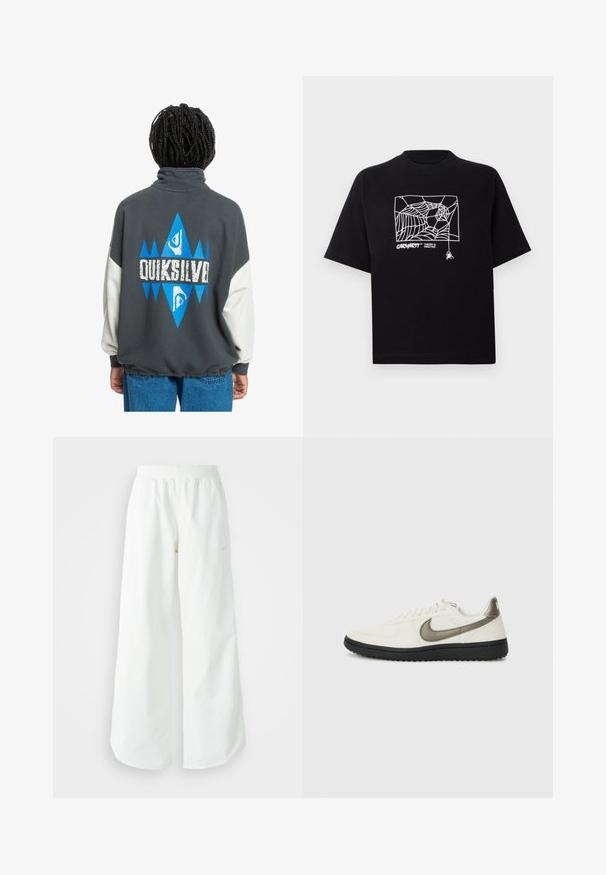 Gray sweatshirt with a high collar, white sleeves, and a blue geometric design featuring the text "QUIKSILVER" on the back. Soft texture.; Black T-shirt made of cotton with short sleeves. Features a white spider web graphic and logo on the front. Simple rounded neckline.; White wide-leg athletic pants with a ribbed waistband and subtle logo detail. Smooth fabric with a relaxed fit and tapered hem.; Nike Sportswear FIELD GENERAL - Trainers - off-white/black
