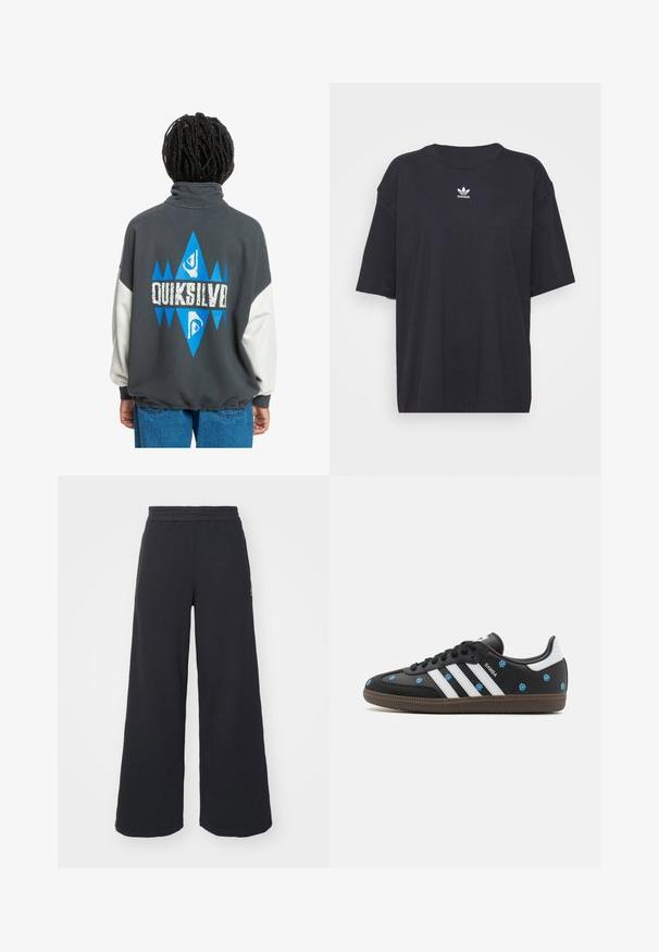 Gray sweatshirt with a high collar, white sleeves, and a blue geometric design featuring the text "QUIKSILVER" on the back. Soft texture.; Black cotton t-shirt with short sleeves, round neckline, features a white Adidas logo on the chest. Simple design, relaxed fit.; Black wide-leg sweatpants made from soft fabric, featuring an elastic waistband and a small logo on the left side.; Black leather sneaker with white stripes and floral embroidery in blue. Features a brown rubber sole and a rounded toe design.