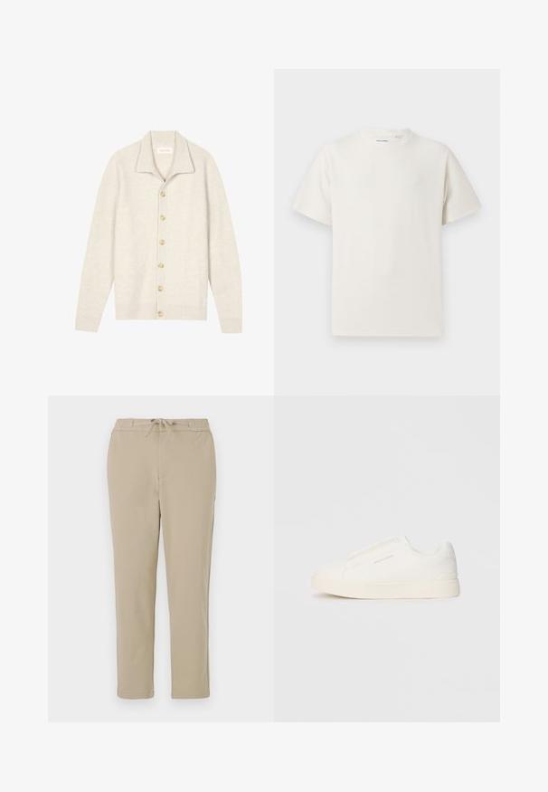 Beige ribbed cardigan with long sleeves, flat collar, and seven round buttons down the front. Soft texture suitable for layering.; White short-sleeve T-shirt in a ribbed texture. Round neckline, relaxed fit, no visible patterns or accents. Simple and versatile design.; Beige lounge pants with an elastic waistband and drawstring, featuring a straight leg design and soft, smooth texture.; White slip-on sneakers with a textured surface, a thick sole, and minimalistic design. Features brand logo on the side.