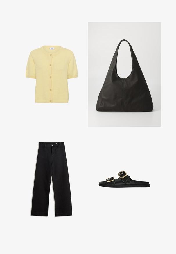 Krótkorsy sukienka w kolorze żółtym, wykonana z miękkiego materiału dzianinowego, z okrągłym dekoltem, guzikami z przodu oraz prążkowanymi akcentami na kołnierzu i dole.; Biała koszulka z krótkim rękawem, okrągły dekolt, miękka tkanina bawełniana, luźny krój, bezszwowy dół, minimalistyczny design bez zdobień.; Czarne dżinsowe spodnie o szerokich nogawkach i wysokim stanie, z przednimi i tylnymi kieszeniami, przeszyciami oraz zapięciem na guziki. Gładka struktura.; Czarne klapki z dwoma złotymi klamrami, gładki materiał, płaska podeszwa i minimalistyczny design.; Czarna skórzana torba tote z zakrzywionym uchwytem, wydłużonym trójkątnym kształtem i gładką fakturą. Charakteryzuje się minimalistycznym wzornictwem bez widocznych elementów metalowych.