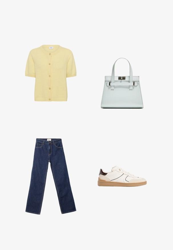 Krátky rukáv žltý kardigán vyrobený z mäkkého pleteného materiálu, s okrúhlym výstrihom, prednými gombíkmi a ribovanými detailmi na golieri a leme.; Biela krátkopsová tričko vyrobené z bavlny. Má okrúhly výstrih a voľný strih. Hladká textúra bez viditeľných vzorov alebo akcentov.; Tmavomodré džínsy so strihaným strihom, prednými vreckami, pútkami na opasok a zapínaním na gombík.; Stradivarius Tenisky - white; Svetlomodrá kabelka so štruktúrovaným dizajnom, dvomi uchami a striebornou kovovou prackou. Textúrovaný materiál a ostré rohy.