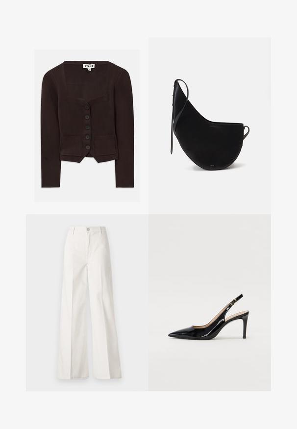 Cardigan tricotat maro cu decolteu pătrat, șase nasturi negri și două buzunare frontale cu accente cu nervuri. Mâneci de lungime medie.; Top tricotat alb cu mânecă scurtă, cu decolteu rotund, având o textură netedă și accente subtile cu nervuri la mâneci și la margine.; Pantaloni albi cu picioare largi, confecționați din bumbac cu o textură fină. Prezintă un buton în față, fermoar și un design cu patru buzunare.; Pantofi slingback din piele patent neagră, cu vârful ascuțit, tocul subțire și un design discret cu decupaj. Se evidențiază printr-un cataramă aurie pe curea.; Geantă din piele neagră cu o formă curbată de lună, având o curea subțire și un branding subtil aurit pe față. Textură netedă cu hardware minimal.