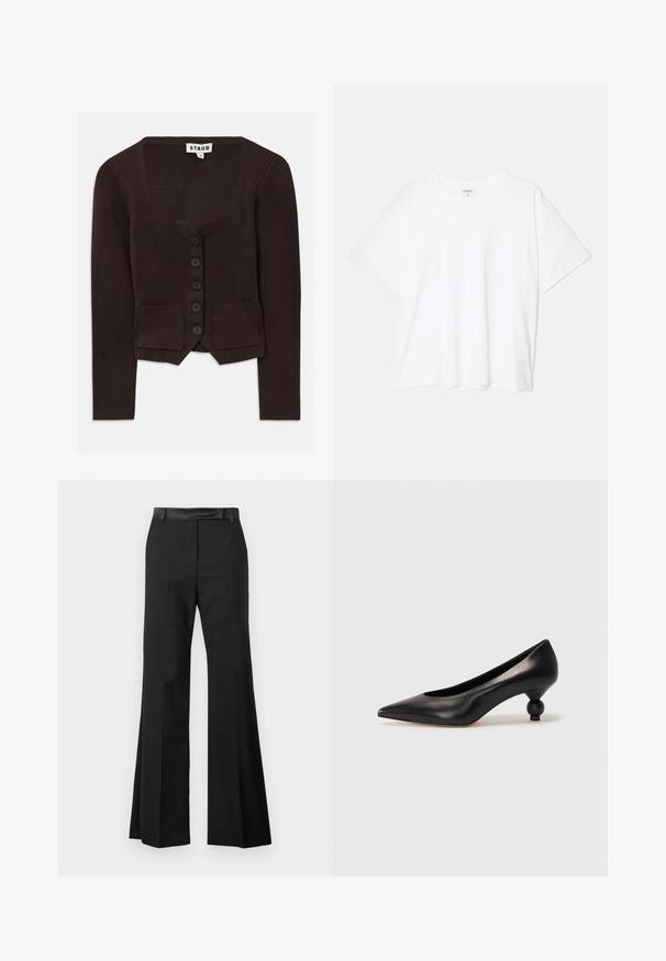 Barna kötött kardigán négyzet alakú nyakkivágással, hat fekete gombbal és két elülső zsebbel, amelyek bordás díszítéssel rendelkeznek. Félhosszú ujjakkal.; Fehér pamut póló rövid ujjal, kerek nyakkivágással, laza fazonnal és varrott szegéllyel. Címke látható a belső nyakrészén.; Fekete bővülő nadrág sima anyagfelülettel, szilárd derékrésszel és gyűrt redőkkel a szabott megjelenés érdekében.; Fekete bőr magassarkú cipő, hegyes orral és kerek, gömbölyű sarokkal. Simább textúrával, elegáns, minimalista dizájnnal.