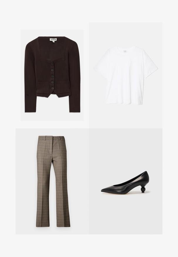 Ruda megzta kardiganas turi kvadratinį iškirptę, šešis juodus mygtukus ir dvi priekinės kišenes su raukšlėmis. Vidutinio ilgio rankovės.; Balta medvilnės marškinėliai trumpomis rankovėmis, apvalia iškirpte, laisvo kirpimo ir su siūtu kraštu. Etiketė matoma vidinėje iškirptės pusėje.; Rudi dryžuoti kelniai su tiesia kojų forma, pasižymintys tekstūruota medžiaga ir subtiliomis smėlinėmis bei tamsiai rudos spalvos atspalviais rašte.; Juoda odinė aukštakulnė bateliai su smailiu pirštu ir apvaliu, iškiliu kulnu. Lygus paviršius su elegantišku, minimalistiniu dizainu.