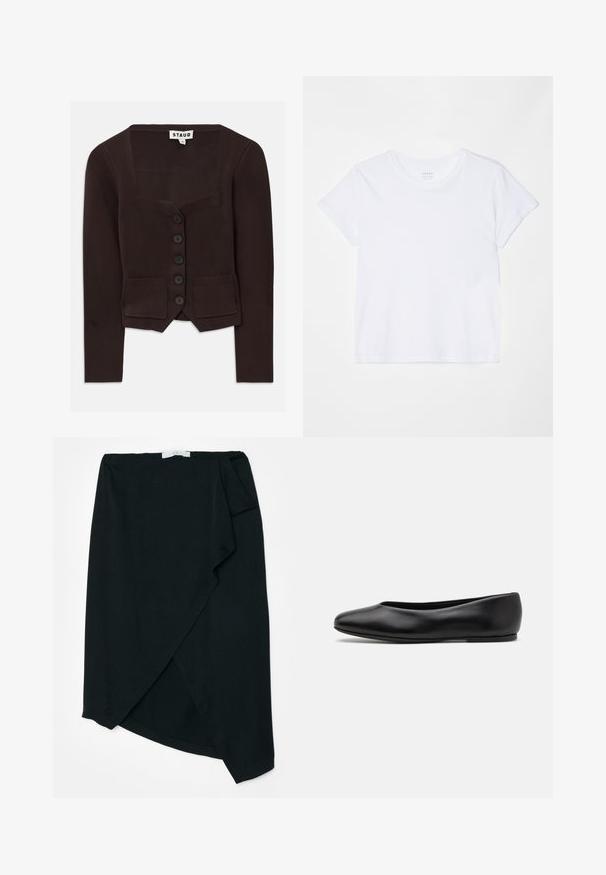 Ein brauner Strickcardigan mit quadratischem Ausschnitt, sechs schwarzen Knöpfen und zwei Vorderaschen mit gerippten Akzenten. Mittellange Ärmel.; FRAME BABY TEE - T-Shirt basic - white; Schwarzer Wickelrock aus leichtem Stoff mit feiner Textur. Asymmetrischer Saum und seitliche Faltendetails. Keine sichtbaren Beschläge oder Akzente.; Paul Smith TOPANGA - Klassischer Ballerina - black