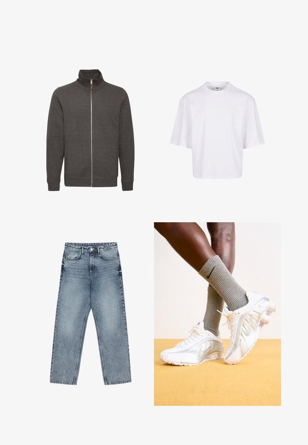 Graue Zip-Jacke mit hohem Kragen, aus weichem Stoff, mit zwei Seitentaschen und gerippten Bündchen und Saum.; Weißes Kurzarm-T-Shirt mit Rundhalsausschnitt und lockerer Passform, gefertigt aus einem glatten Baumwollmischgewebe. Keine Muster oder Verzierungen.; Hellblaue Jeans aus Denim mit geradem Schnitt, sichtbaren Nähten, fünf Taschen-Design und einem Knopfverschluss an der Taille.; Nike-Sneaker in Weiß mit silbernen Akzenten, ausgestattet mit strukturierten Paneelen und Perforationen. Kombiniert mit grauen gerippten Socken, vor einem gelben Hintergrund.