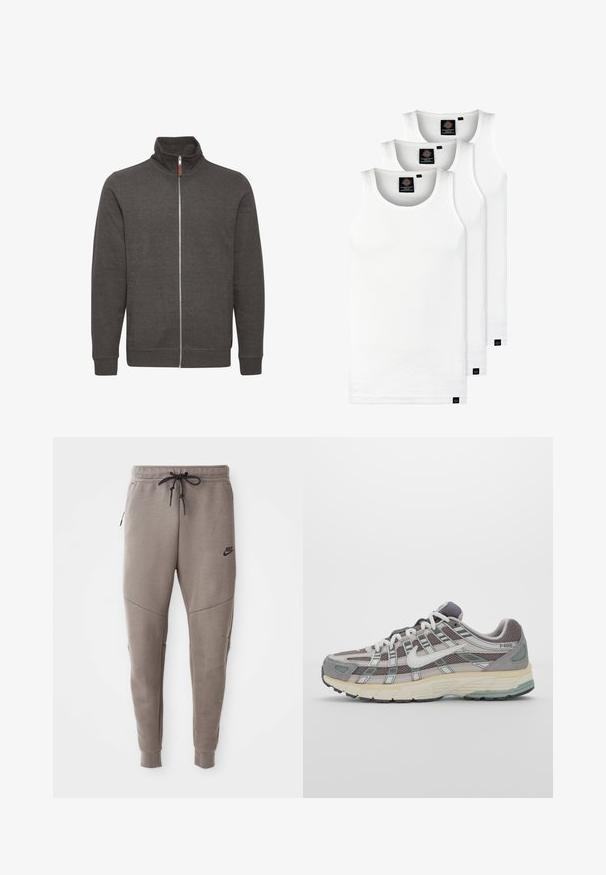 Gray zip-up jacket with a high collar, made of soft fabric, featuring two side pockets and ribbed cuffs and hem.; Three white ribbed tank tops made of cotton. Features a crew neck and small black labels near the hem. Available in multiple sizes.; Gray Nike sweatpants with a drawstring waistband, tapered legs, side pockets, and distinct seam detailing. Soft, textured fabric.; Gray athletic shoe featuring a mesh and suede upper, white accents, a cushioned sole, and a distinctive design with reflective elements.