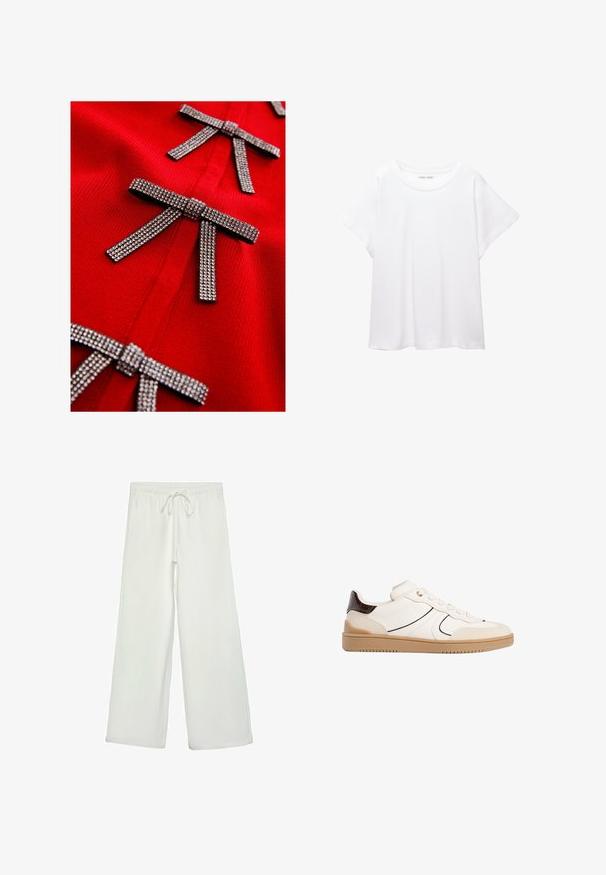 Red knit garment featuring three metallic rhinestone-encrusted bows, showcasing a smooth texture and a fitted design.; White T-shirt made of soft, lightweight fabric. Features a round neckline and short, wide sleeves with a relaxed fit. No visible patterns.; White wide-leg pants made of soft fabric. Features an elastic waistband with a drawstring and a smooth texture. No visible patterns or hardware.; Stradivarius Trainers - white