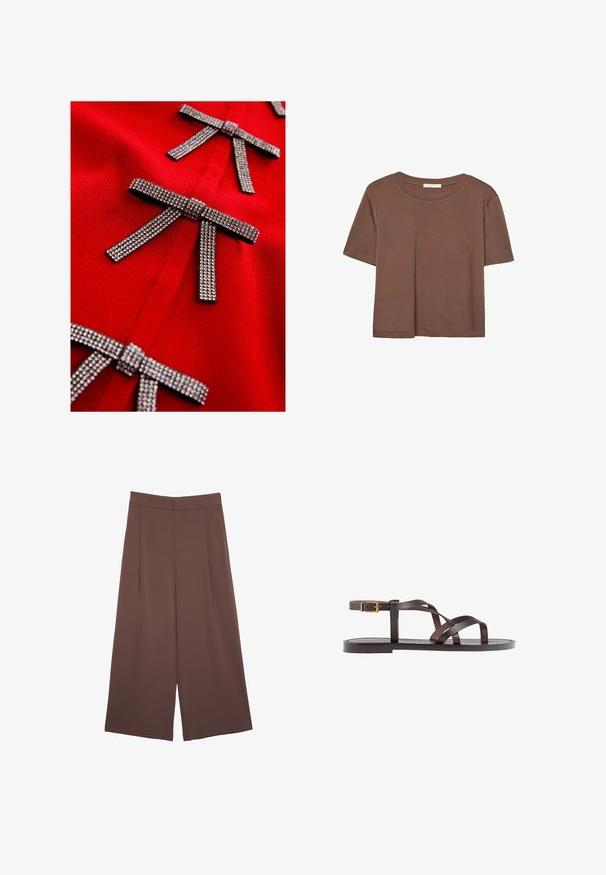 Rotes Strickkleid mit drei mit metallischen Strasssteinen besetzten Schleifen, das eine glatte Textur und ein figurnahes Design aufweist.; Braunes, kurzärmliges T-Shirt aus weichem Material mit rundem Halsausschnitt und lockerer Passform. Keine sichtbaren Muster oder Akzente.; Braune Weite-Leg-Hosen mit einer glatten Textur, hoher Taille und Vorderfalten. Der Stoff ist leicht und fällt locker.; Braune Leder-Sandale mit überkreuzten Riemen, einem Knöchelriemen mit Schnalle und einer flachen Sohle mit minimalen Nähdetails.