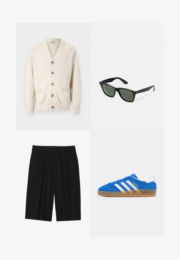 Cardigan tricoté couleur crème avec un col en V, fermeture à boutons, deux poches avant et des poignets côtelés. Motif texturé sur l'ensemble du tissu.; T-shirt en coton blanc à manches courtes, col rond, avec un logo Levi's discret imprimé au centre. Texture douce et coupe standard.; Shorts plissés noirs en tissu lisse, dotés de poches latérales et d'une coupe droite, arrivant à mi-thigh.; Baskets en daim bleu avec des rayures blanches et le texte "Gazelle". Présentent une semelle en caoutchouc à gomme et des accents texturés sur le dessus. Design classique.; Lunettes de soleil en plastique noir avec verres verts, monture carrée, accent argenté sur le sourcil et branches texturées. Marque indiquée sur l'intérieur de la branche.