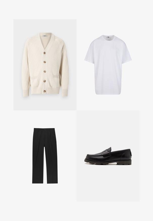 Cremefarbener Strickcardigan mit V-Ausschnitt, Knopfverschluss, zwei vorderen Taschen und gerippten Bündchen. Strukturmuster über den gesamten Stoff.; Weiße Baumwoll-T-Shirt mit kurzen Ärmeln, rundem Ausschnitt, lockerer Passform und ohne sichtbare Logos oder Muster. Glatte Textur und minimalistisches Design.; Schwarze Hose mit geradem Schnitt, aus einem glatten Stoff gefertigt. Verfügt über Vorderfalten und einen einzelnen Knopfverschluss an der Taille.; Schwarze Leder-Loafer mit abgerundetem Zehenbereich, dekorativer Naht und strukturiertem Außensohle für besseren Halt. Leicht erhöhter Absatz.