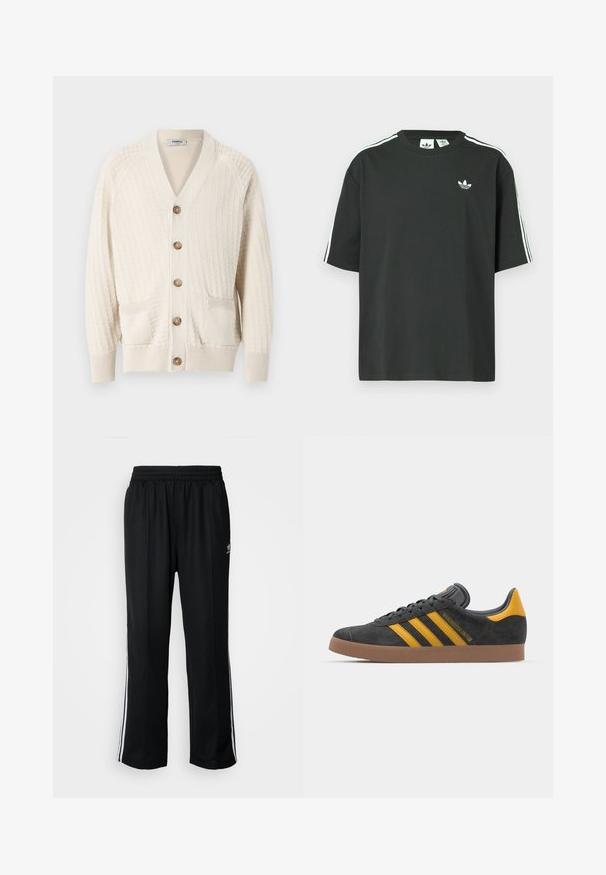 Kremfarget strikket cardigan med v-hals, knappeåpning, to frontlommer og ribbede mansjetter. Strukturert mønster gjennom hele stoffet.; Svart t-skjorte i bomull med korte ermer, rund hals og hvite trestripesdetaljer på skuldrene. Har en liten hvit logo på brystet.; Sorte treningsbukser med elastisk midjebånd, med hvite sidestiper og en liten logo. Materialet ser mykt og lett ut.; Sort skinnesko i svart semsket skinn med gule detaljer, med tre striper og en brun gummisåle. Inkluderer en polstret tunge for komfort.