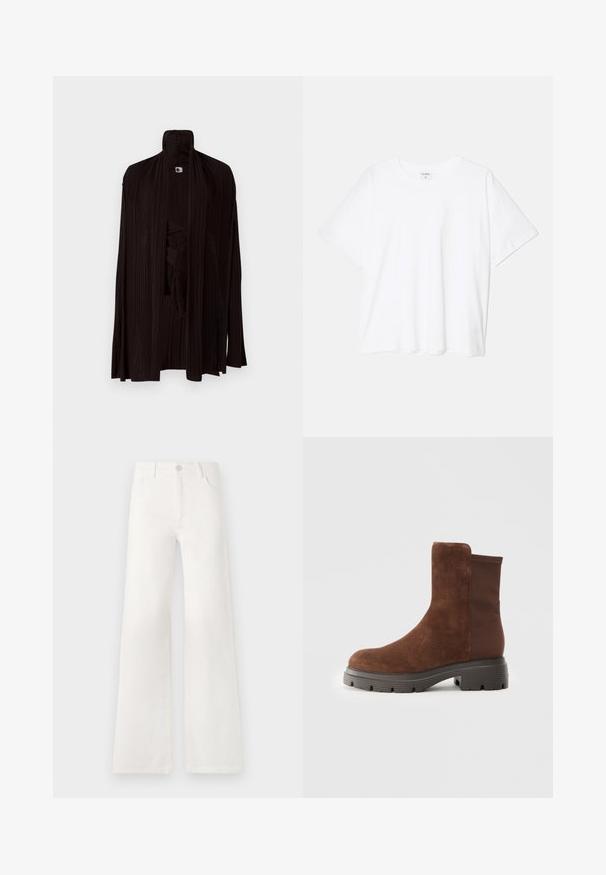 Μαύρο πλισέ ανοιχτό μπλουζάκι με υφή, που έχει ασυμμετρικό σχέδιο και μακριά μανίκια που ξεπερνούν τους καρπούς.; Λευκό βαμβακερό μπλουζάκι με κοντά μανίκια, στρογγυλή λαιμόκοψή, χαλαρή εφαρμογή και ραμμένο στρίφωμα. Ετικέτα ορατή στο εσωτερικό του λαιμού.; Λευκά, ψηλόμεσα τζιν παντελόνια με φαρδιά πόδια από τζιν ύφασμα. Διαθέτει κλείσιμο με κουμπί, δύο μπροστινές τσέπες και πλαϊνές ραφές με λεπτομέρειες ραφής.; Καφέ σουέτ ankle boots με ελαστικά πλαϊνά, στρογγυλεμένη μύτη και χοντρή καουτσούκ σόλα με υφή στο σχέδιο.