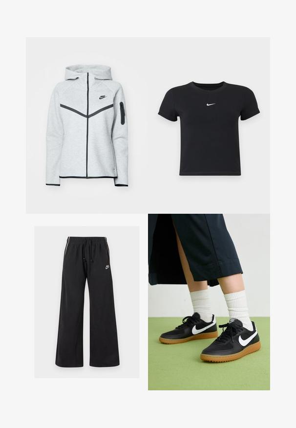 Casaco cinza com fecho éclair, capuz e detalhes pretos, apresentando um design diagonal na frente, logótipo da Nike e um bolso com fecho na manga.; T-shirt preta de manga curta feita de algodão, com decote redondo. Apresenta um logótipo branco da Nike no peito, design minimalista e corte ajustado.; Calças de treino pretas, feitas de um tecido macio, com uma cintura elástica e cordão, riscas laterais e um pequeno logotipo na parte frontal esquerda.; Sapatilhas pretas em couro e sintético com o logo da Nike em branco, sola de borracha tipo goma, bico redondo e atacadores pretos. Meias brancas com frunces visíveis.