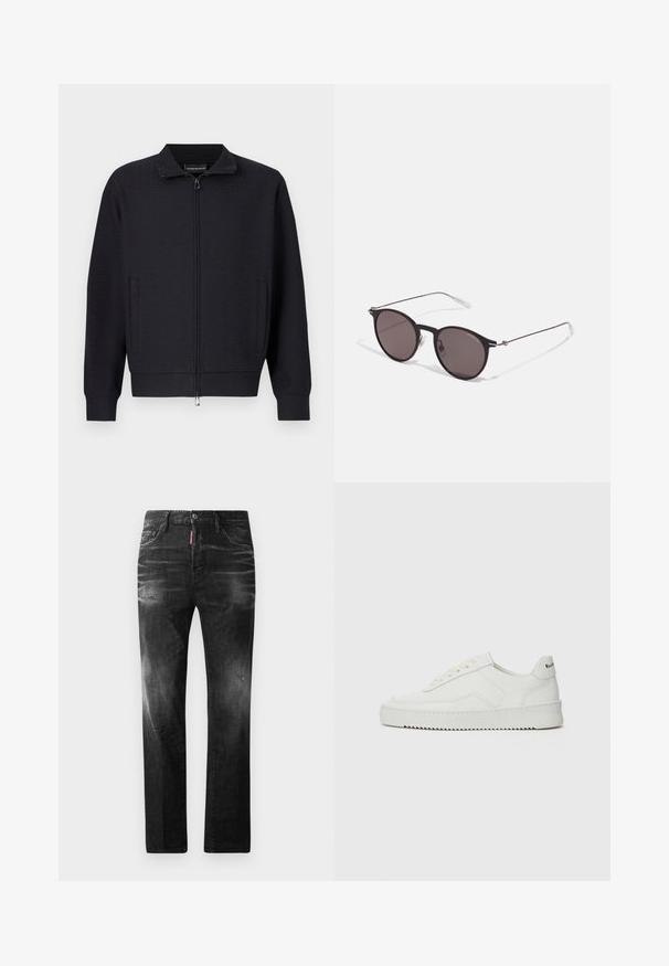 Black zip-up jacket with a textured pattern, stand collar, side pockets, and ribbed cuffs. Made from soft, woven fabric.; Black cotton T-shirt featuring a round neckline, short sleeves, and "EMPORIO ARMANI" logo in white above "Milano" in a curved design.; Black denim jeans with a straight fit. Features faded areas, minor distressing, classic five-pocket design, and a button closure.; White leather sneaker with a smooth finish, round toe, flat laces, and a textured sole. Features a subtle logo on the heel.; Black round sunglasses with dark lenses and slim metal arms. Includes clear temple tips and silver accents at the hinge. Minimalist design.