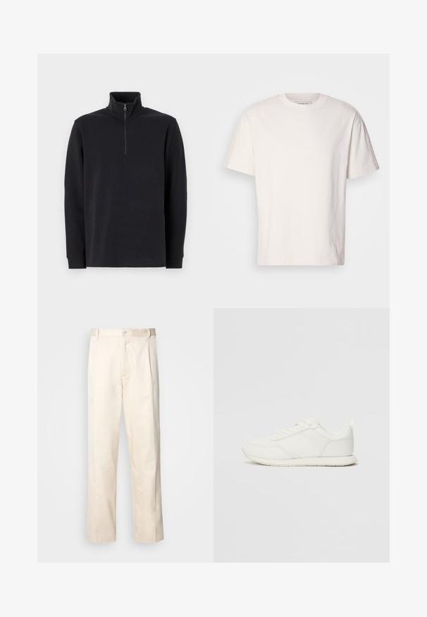 Pulóver negro de manga larga con cuello alto y cremallera de un cuarto en el frente, sobre un fondo blanco.; Camiseta de algodón color crema con cuello redondo. Mangas cortas y un corte relajado. Presenta un pequeño logo en el escote. Textura suave.; Pantalones de algodón beige con corte recto, que cuentan con un cierre de botón y pliegues en la parte frontal para un detalle adicional.; Zapatilla blanca con parte superior de malla y sintético, puntera redonda, cordones planos y una franja lateral texturizada. Suela de goma con un tirador en la parte posterior.