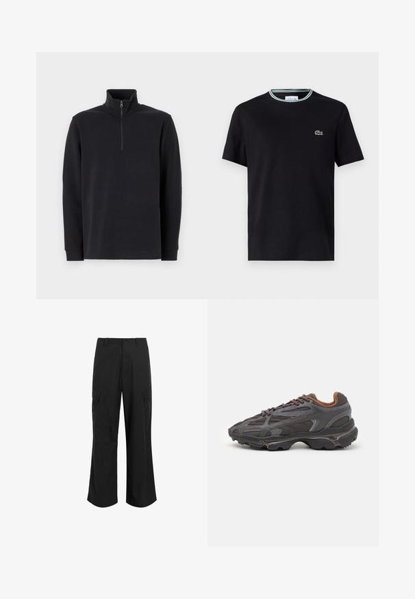 Schwarzer Pullover mit langen Ärmeln, Stehkragen und einem Reißverschluss in Viertellänge an der Vorderseite vor einem weißen Hintergrund.; Schwarzes Baumwoll-T-Shirt mit Rundhalsausschnitt, ausgestattet mit einem weißen und grünen Streifenrand und einem gestickten grünen Krokodil-Logo auf der linken Brust.; Schwarze Cargo-Hose aus leichtem Stoff, mit entspannter Passform, zwei großen Seitentaschen und Knopfverschluss.; Lacoste Sneaker in Dunkelgrau aus Mesh und Synthetikmaterial, mit einer strukturierten Sohle und braunen Akzenten am Kragen und Logo.