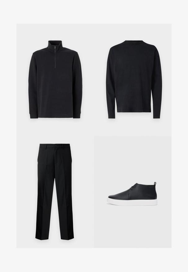 Sort langærmet pullover med ståkrave og en kvart længde lynlås på forsiden mod en hvid baggrund.; Sort langærmet skjorte lavet af blødt stof. Har en rund halsudskæring og sænkede skuldre. Glat tekstur med ingen synlige mønstre.; Sorte skræddersyede bukser med lige snit, der har knaplukning, lynlås og bæltestropper. Glat stof med sidelommer.; Sorte læder højtop sneakers med en glat finish, hvid gummisål og simpel snørebåndsdesign. Har en pull tab bagpå.